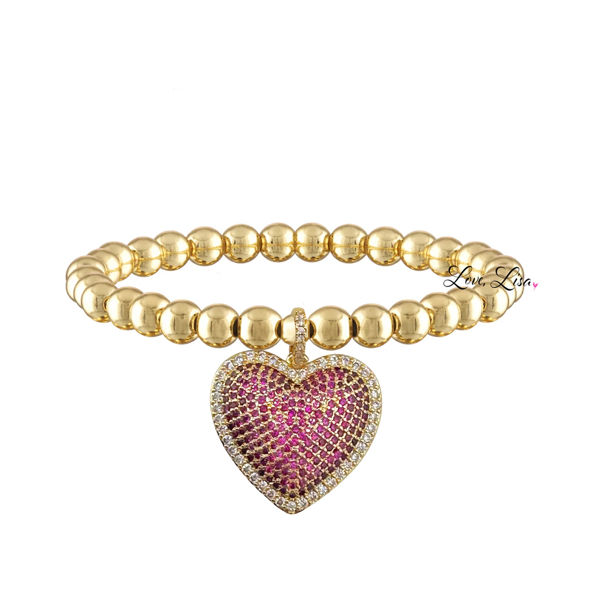lila allure beaded heart bracelet in gold pink featuring gold tone round beads and a bright pink pave crystal heart charm on stretch band