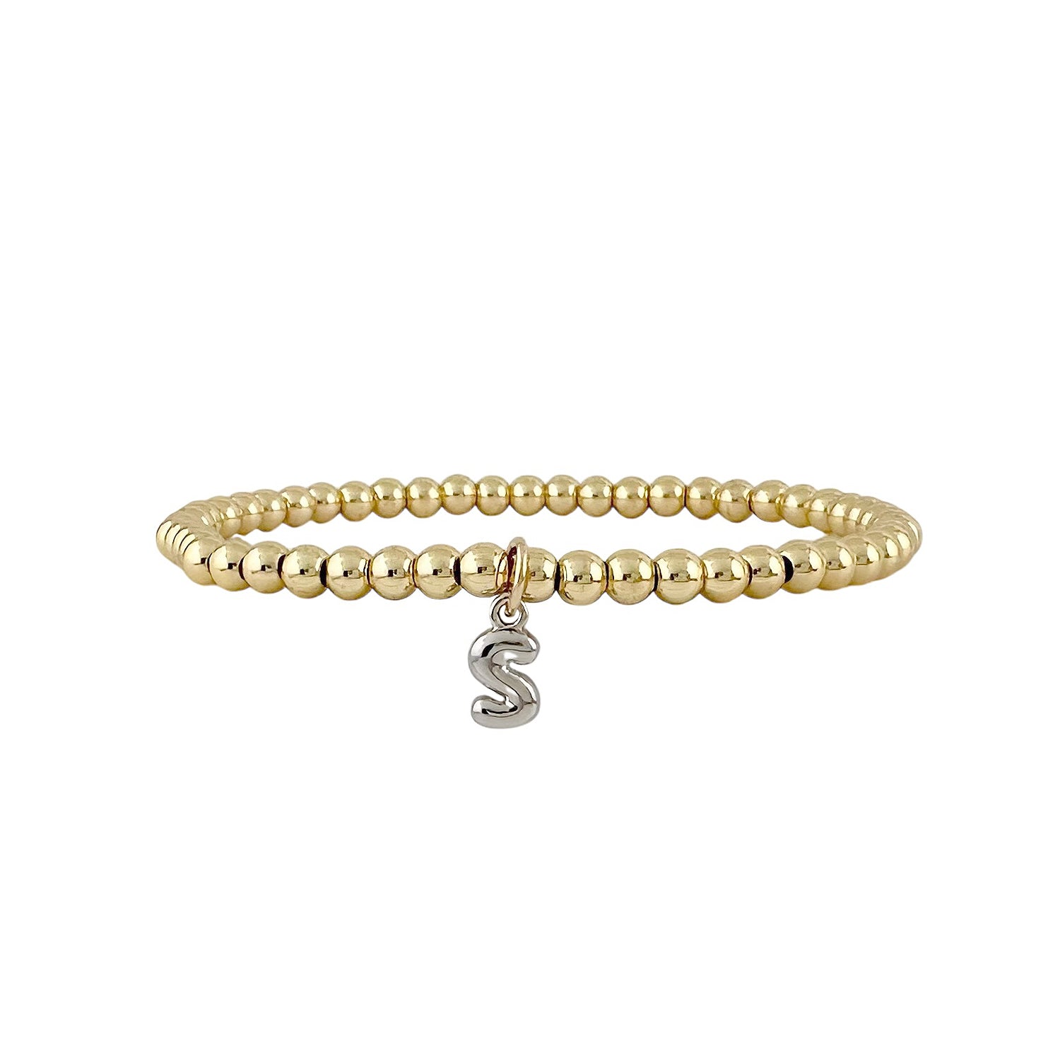 gold beaded lila bubble letter initial bracelet with small silver s charm hanging at center