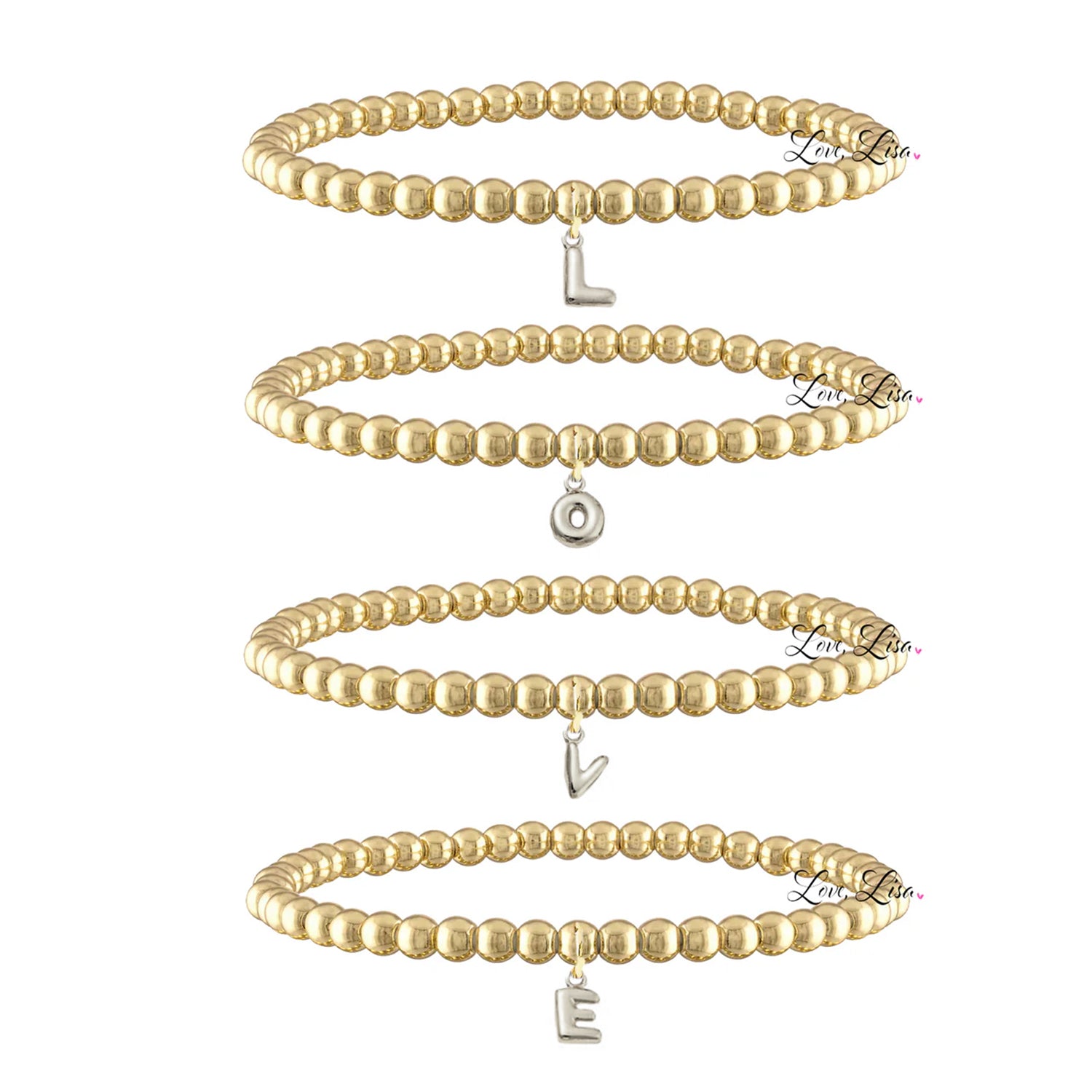three gold bubble letter initial bracelets stacked vertically with dangling letter charms