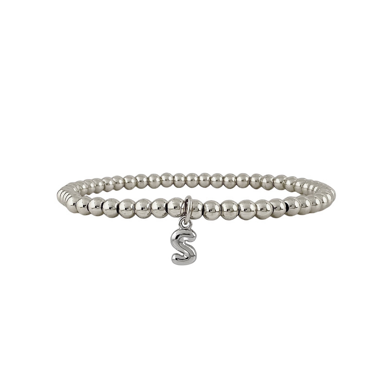 silver beaded lila bubble letter bracelet with dangling s charm shown in closeup view