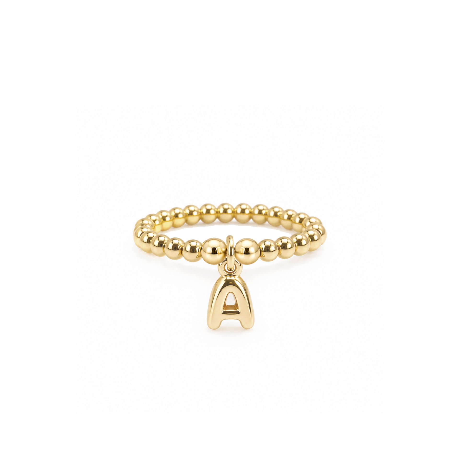 Love Lisa Lila Bubble Letter Initial Stretch Ring in gold with polished beads and letter A charm