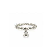 Lila Bubble Letter Initial Stretch Ring in silver with polished stainless steel beads and letter A charm