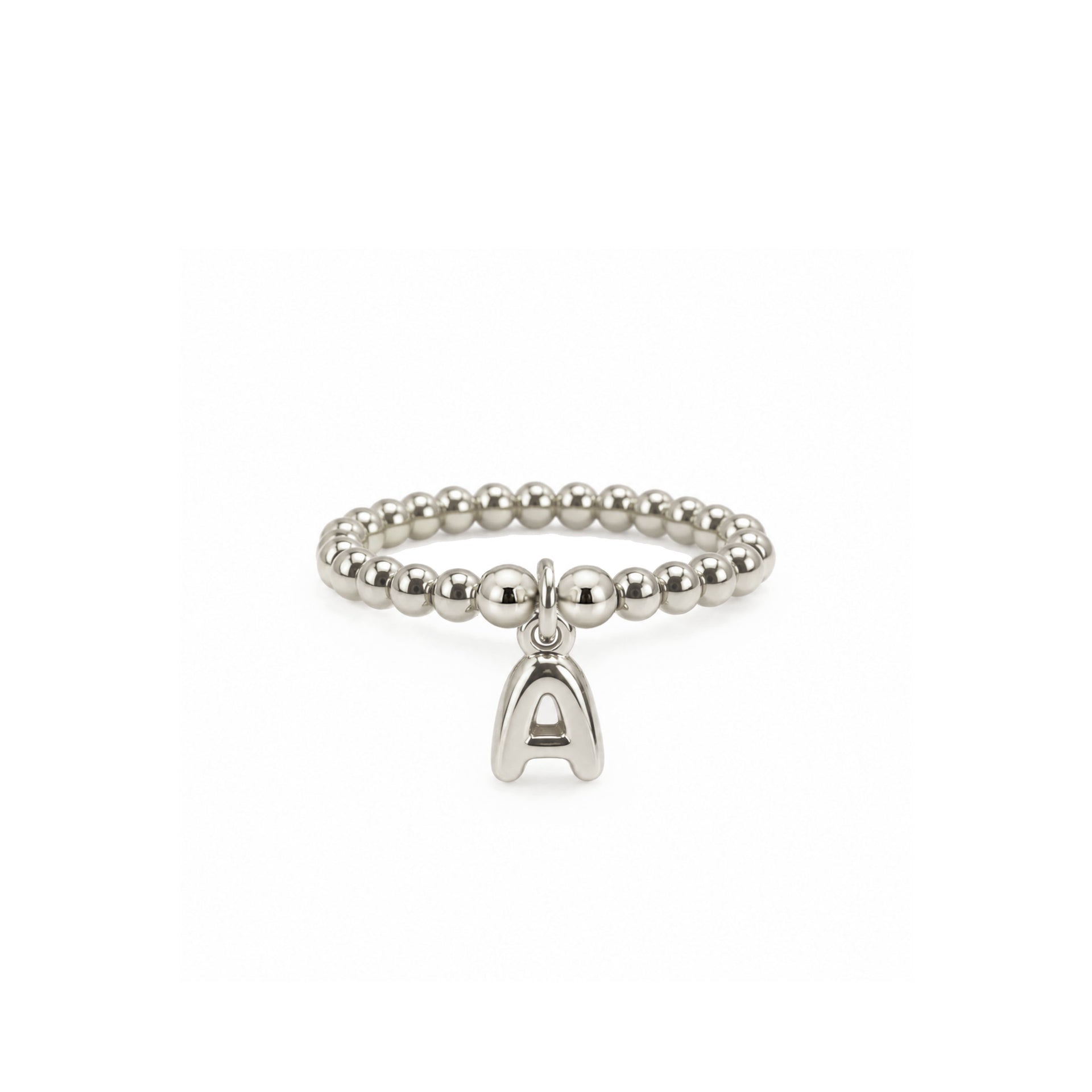 Lila Bubble Letter Initial Stretch Ring in silver with polished stainless steel beads and letter A charm