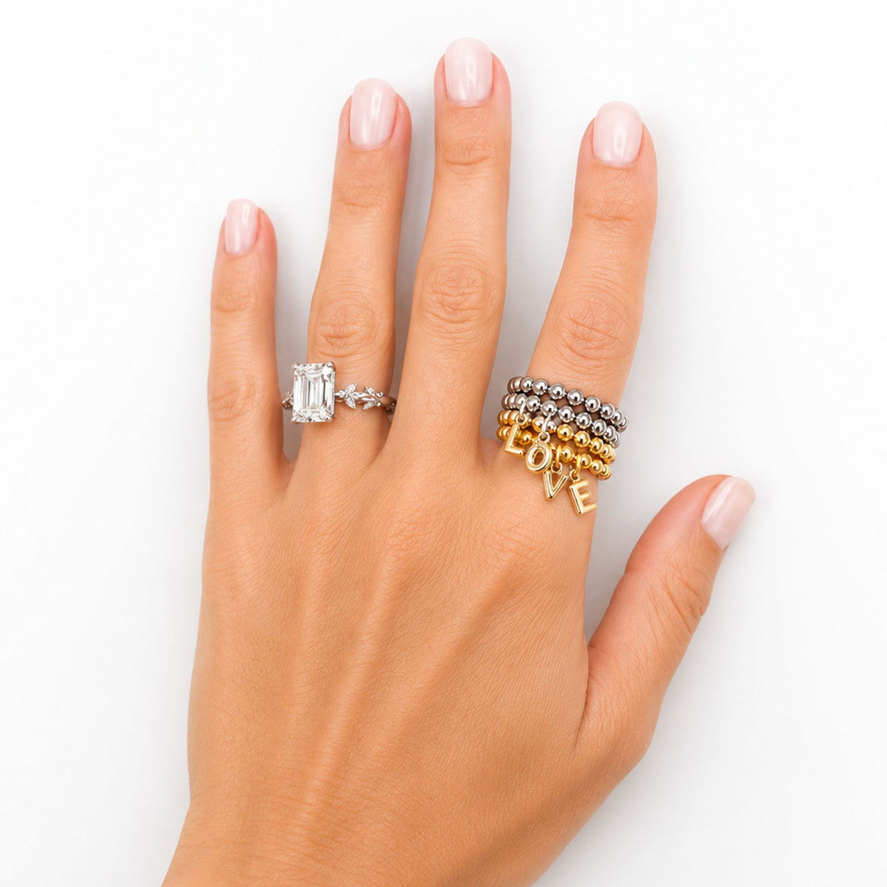 Love Lisa Lila Bubble Letter Initial Stretch Ring worn on hand with gold and silver personalized initial rings