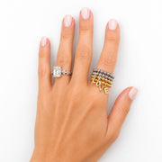 Love Lisa Lila Bubble Letter Initial Stretch Ring worn on hand with gold and silver personalized initial rings