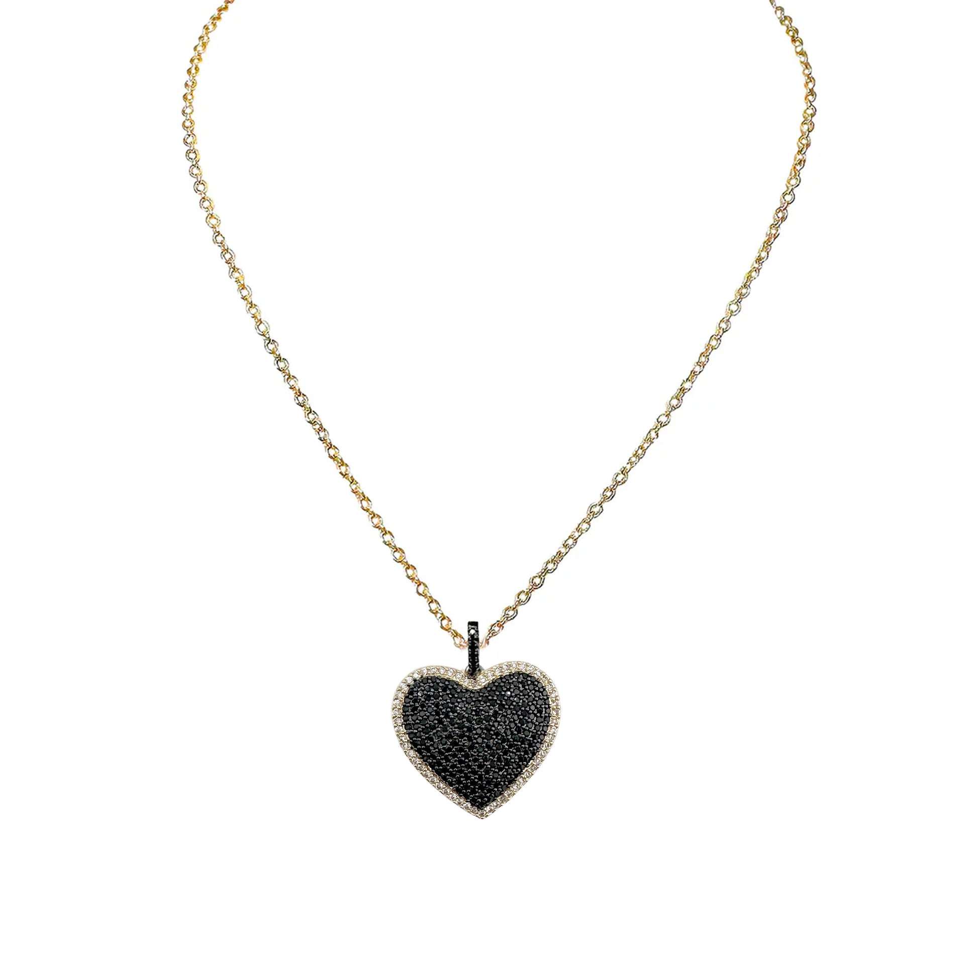 lila diamond heart necklace in black variant with gold chain and sparkling black cz heart pendant