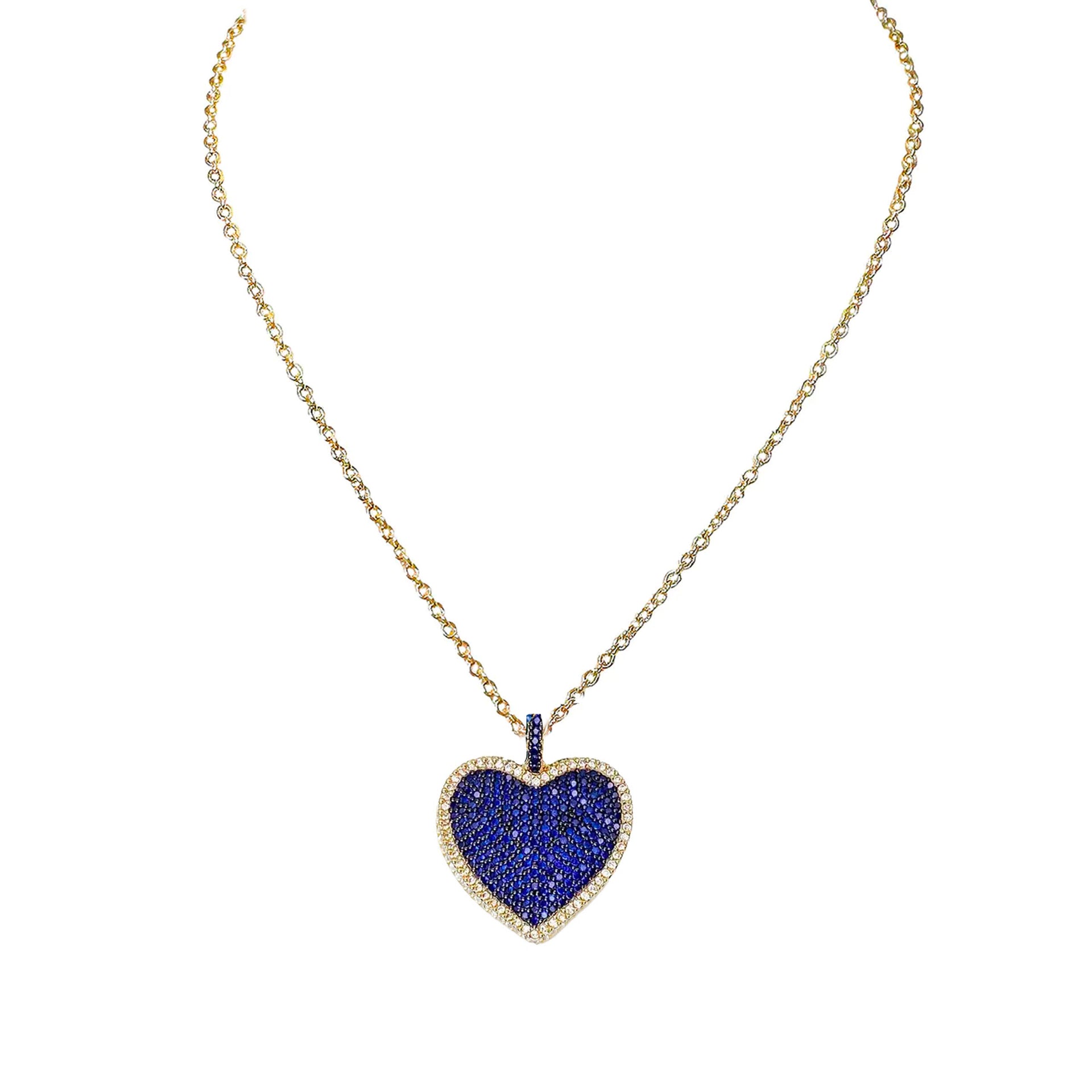 lila diamond heart necklace in blue with gold chain and blue cz heart charm