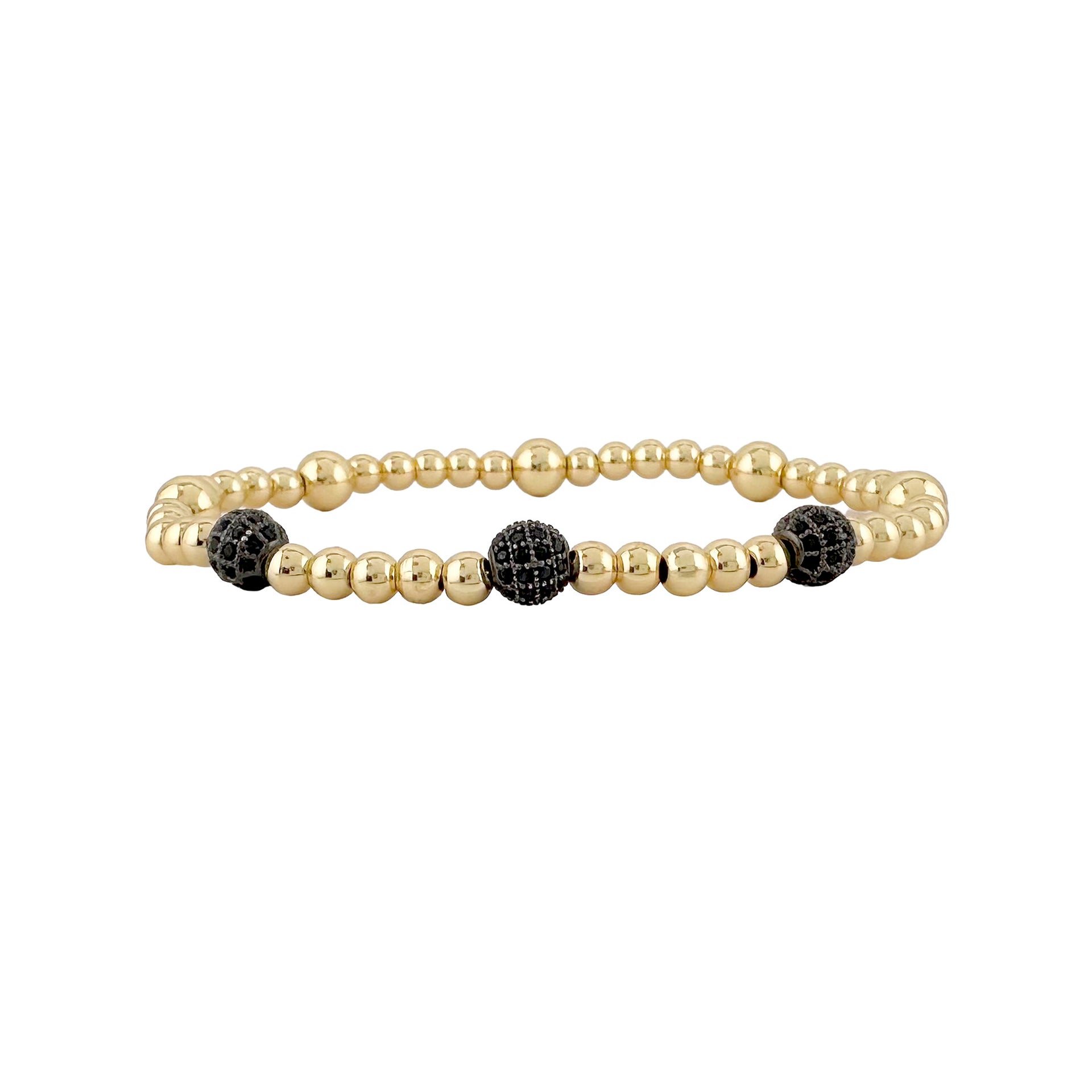 black beaded lilly pave bracelet with three gold pave accent beads on stretch band