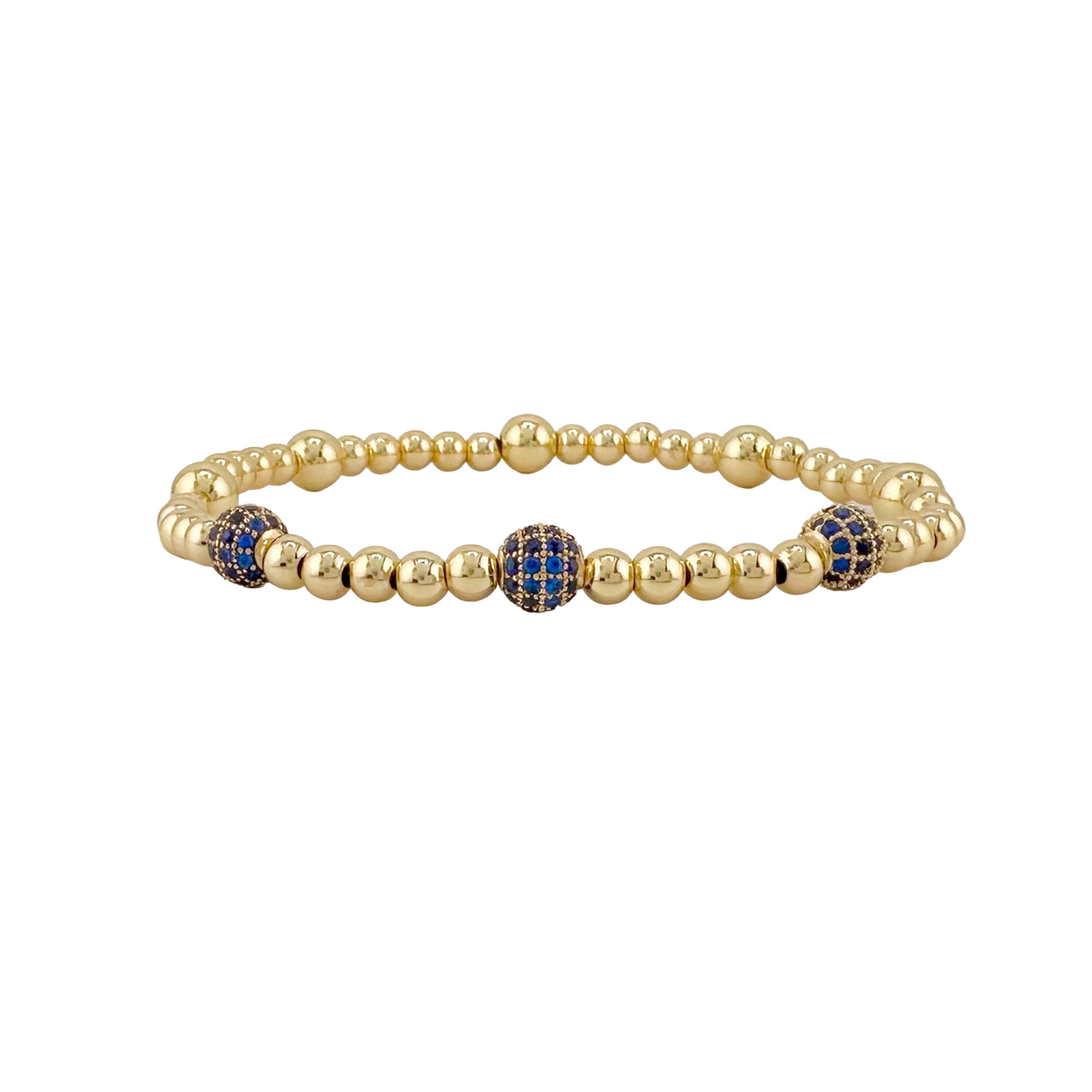 gold beaded lilly pave bracelet with three blue pave accent beads centered on stretch design