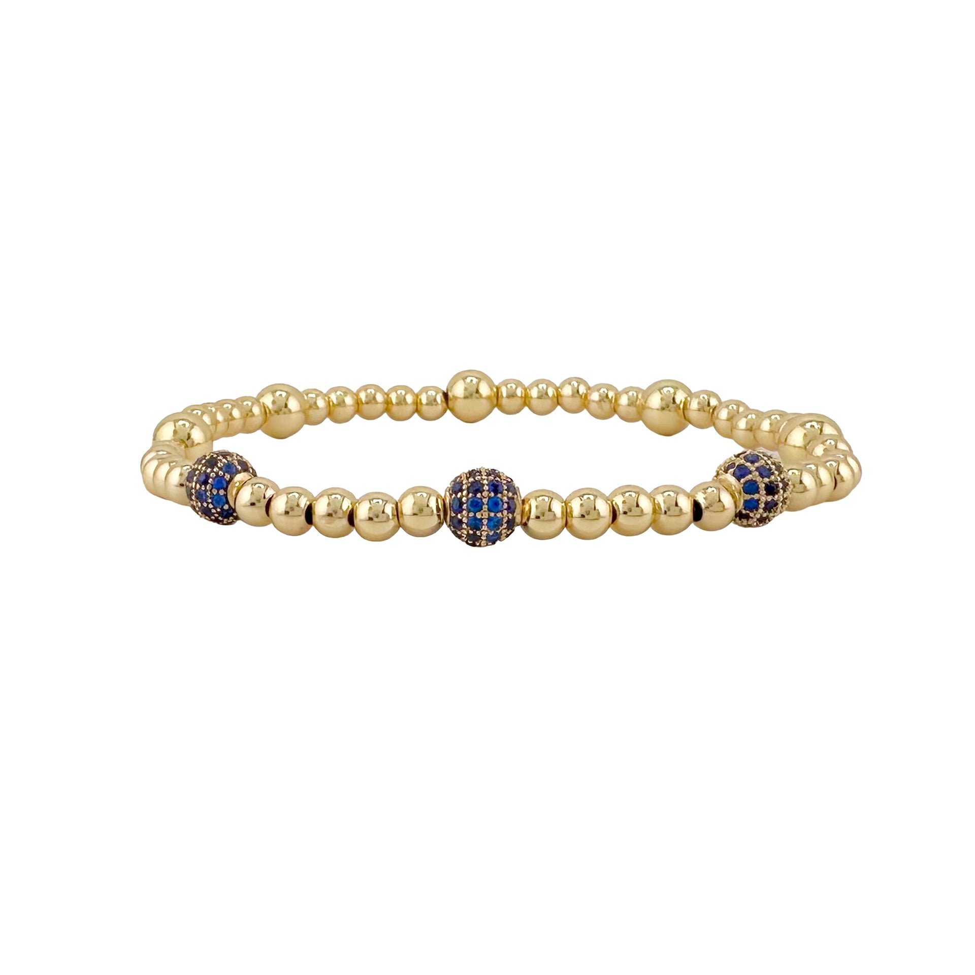 gold beaded lilly pave bracelet with three blue pave accent beads centered on stretch design