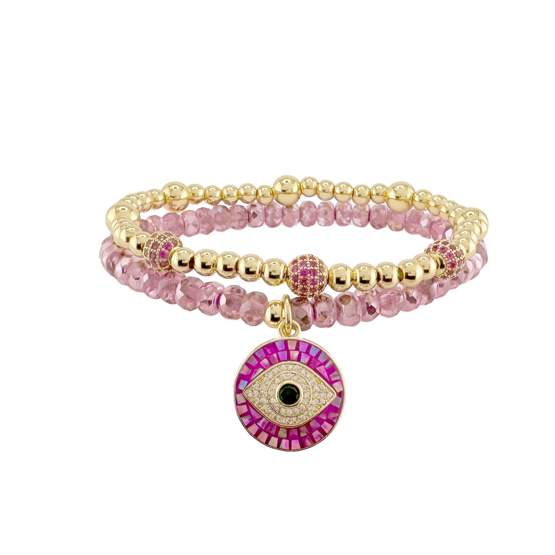 gold beaded lilly pave bracelet featuring three soft pink pave accent beads stacked with evil eye mosaic bracelet
