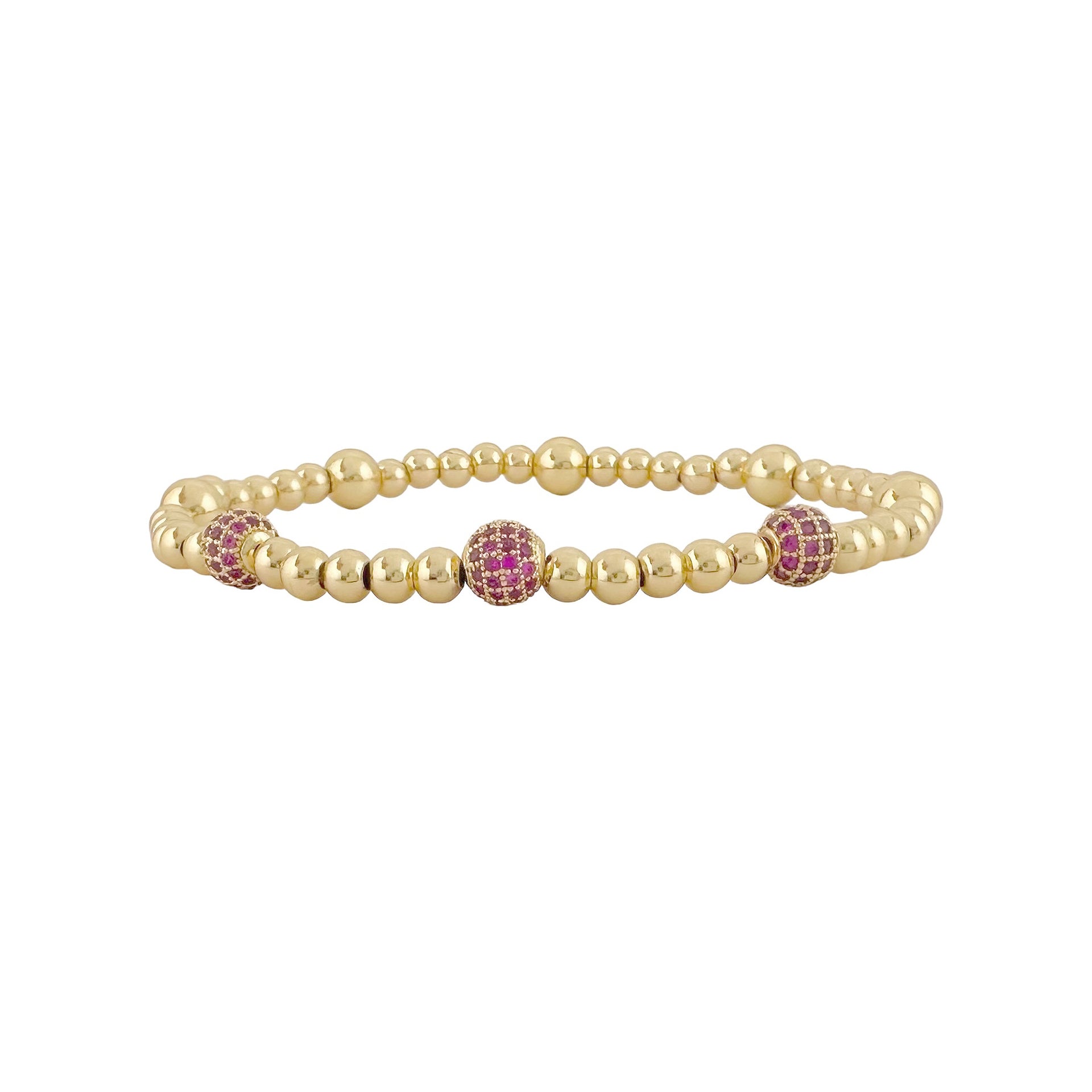 gold beaded lilly pave bracelet featuring three soft pink pave accent beads