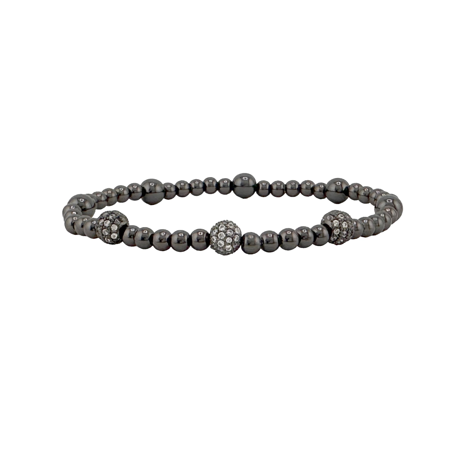 gunmetal beaded lilly pave bracelet with three gunmetal pave accent beads on stretch band