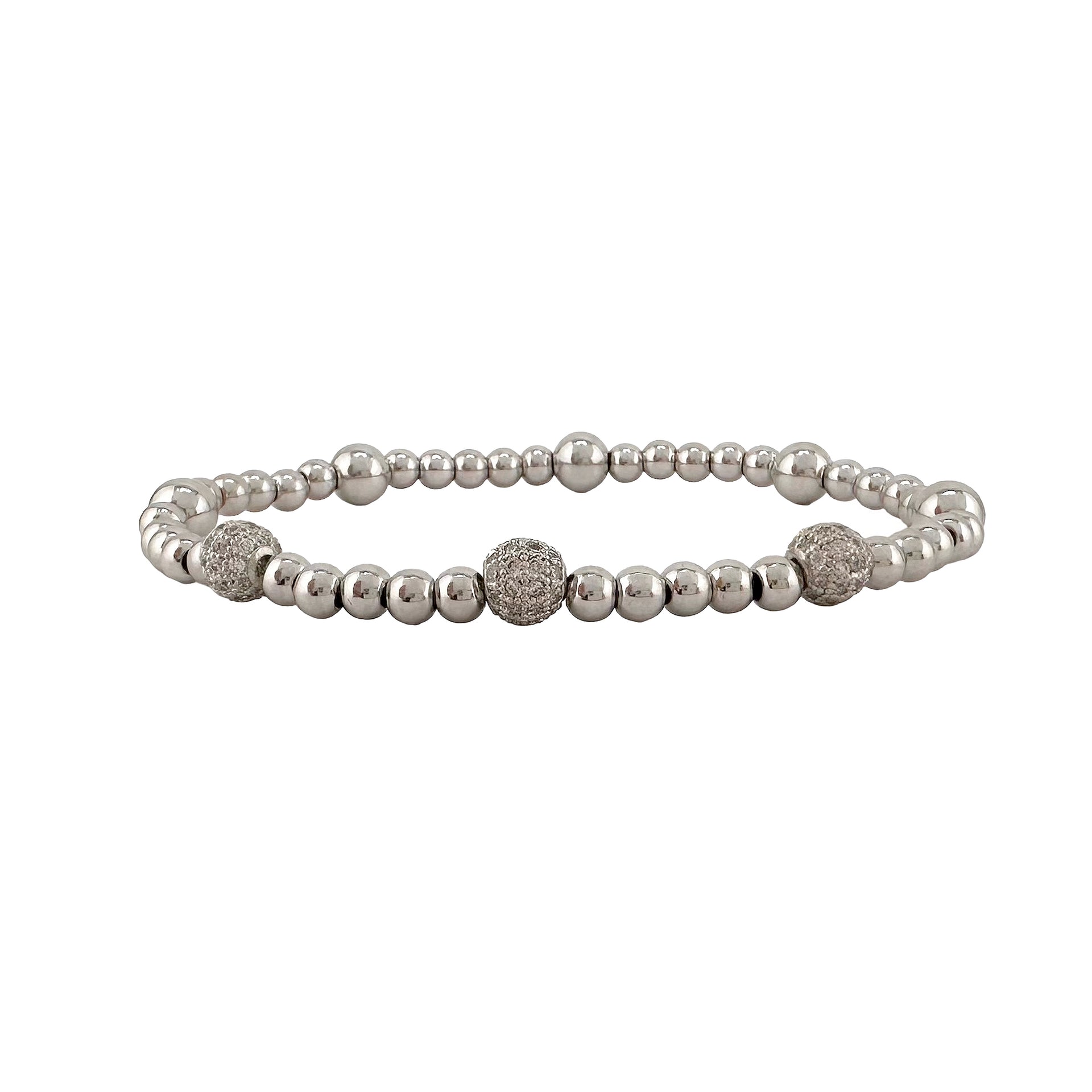 silver lilly pave bracelet with three clear pave beads on stretch beaded band
