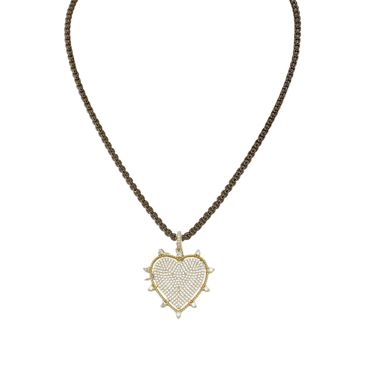 A 16-inch heart-shaped necklace with a lobster clasp, featuring a gold-tone heart and a textured silver chain.