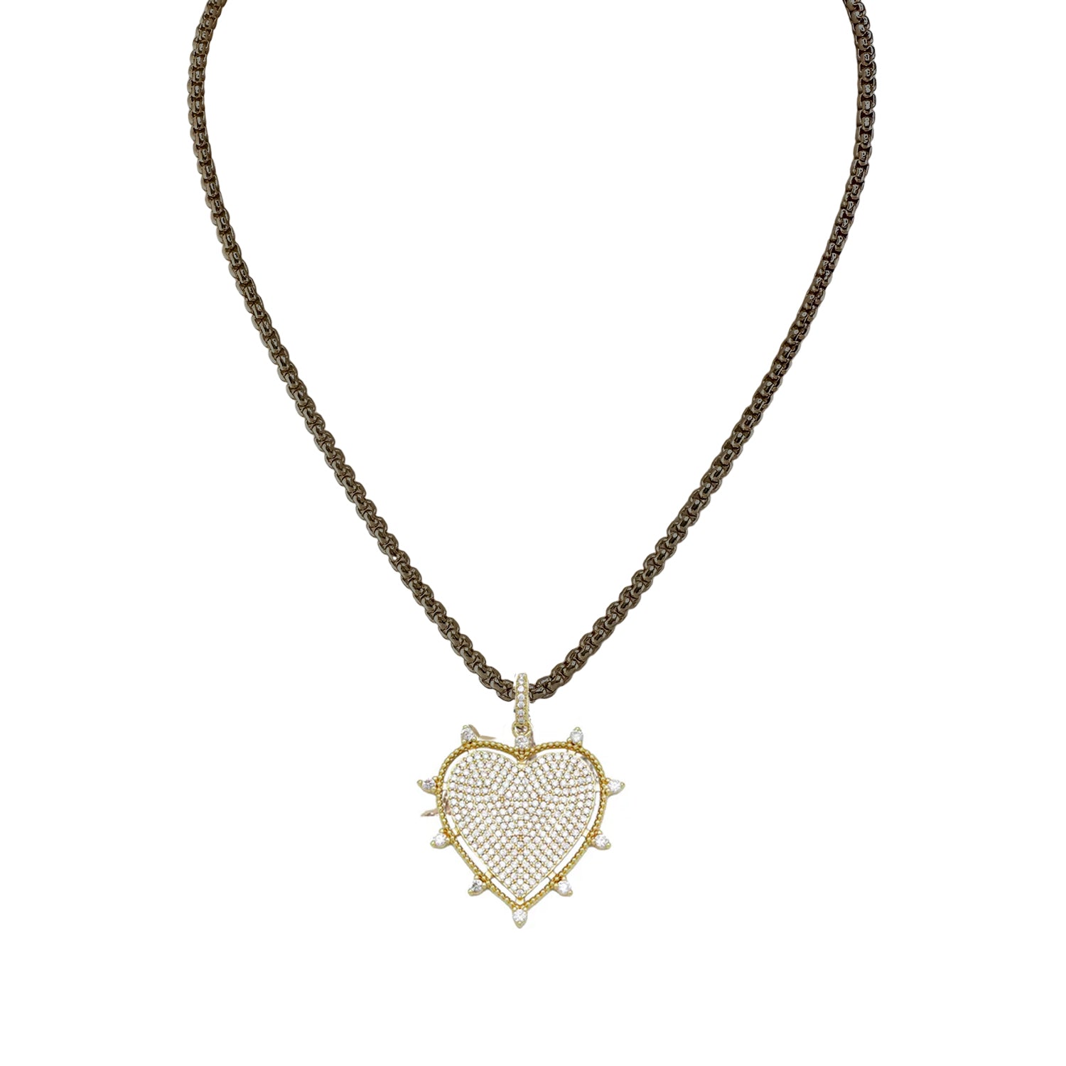 A 16-inch heart-shaped necklace with a lobster clasp, featuring a gold-tone heart and a textured silver chain.
