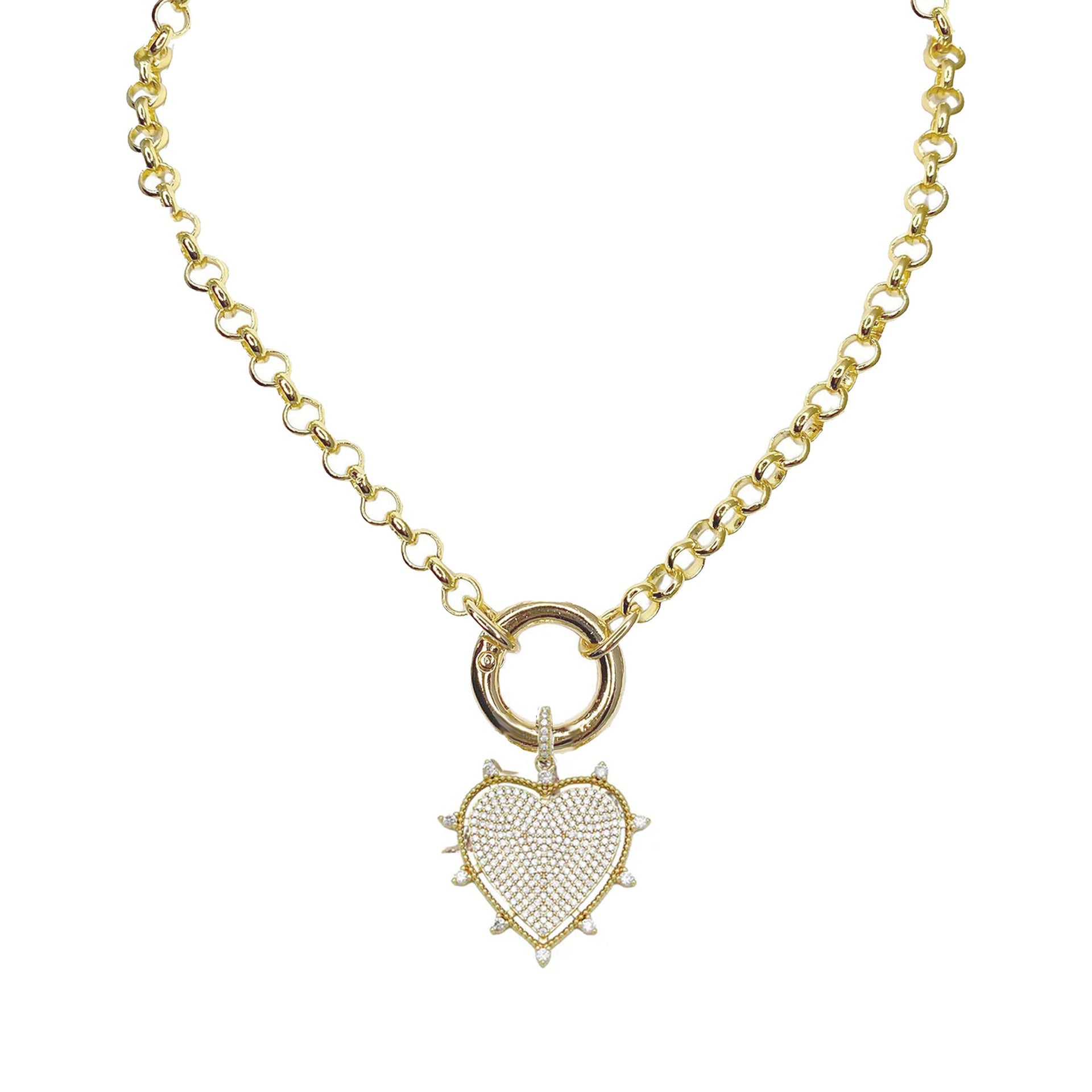 gold pave cz heart pendant hanging from gold love lisa clasp necklace on jewelry display