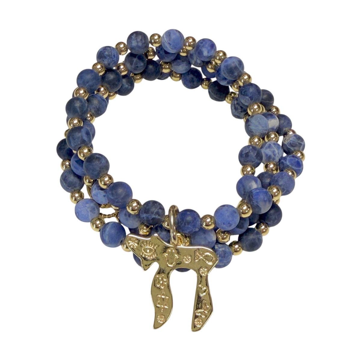 Liora Gemstone Beaded Chai Necklace coiled with deep blue sodalite beads, gold-tone accent beads, and engraved gold Chai to Life pendant