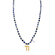 Love Lisa Liora Gemstone Beaded Chai Necklace with faceted blue sodalite beads, polished gold-tone accent beads, and a gold Chai to Life pendant at the center