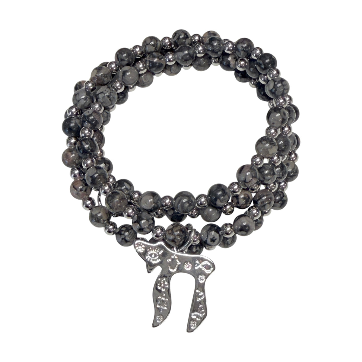 Liora Gemstone Beaded Chai Necklace with grey jasper beads, silver-tone accents, and a silver Chai to Life pendant shown coiled