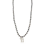 Liora Gemstone Beaded Chai Necklace with grey jasper beads, silver-tone accents, and a silver Chai to Life pendant shown full length