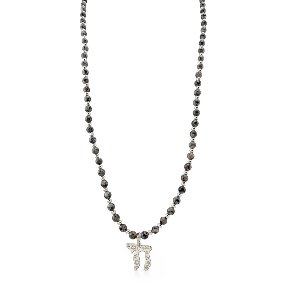 Liora Gemstone Beaded Chai Necklace with grey jasper beads, silver-tone accents, and a silver Chai to Life pendant shown full length