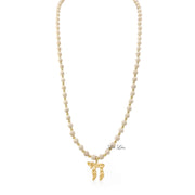Liora Gemstone Beaded Chai Necklace coiled with creamy ivory fossil jasper beads, coordinating metal accents, and engraved Chai to Life pendant
