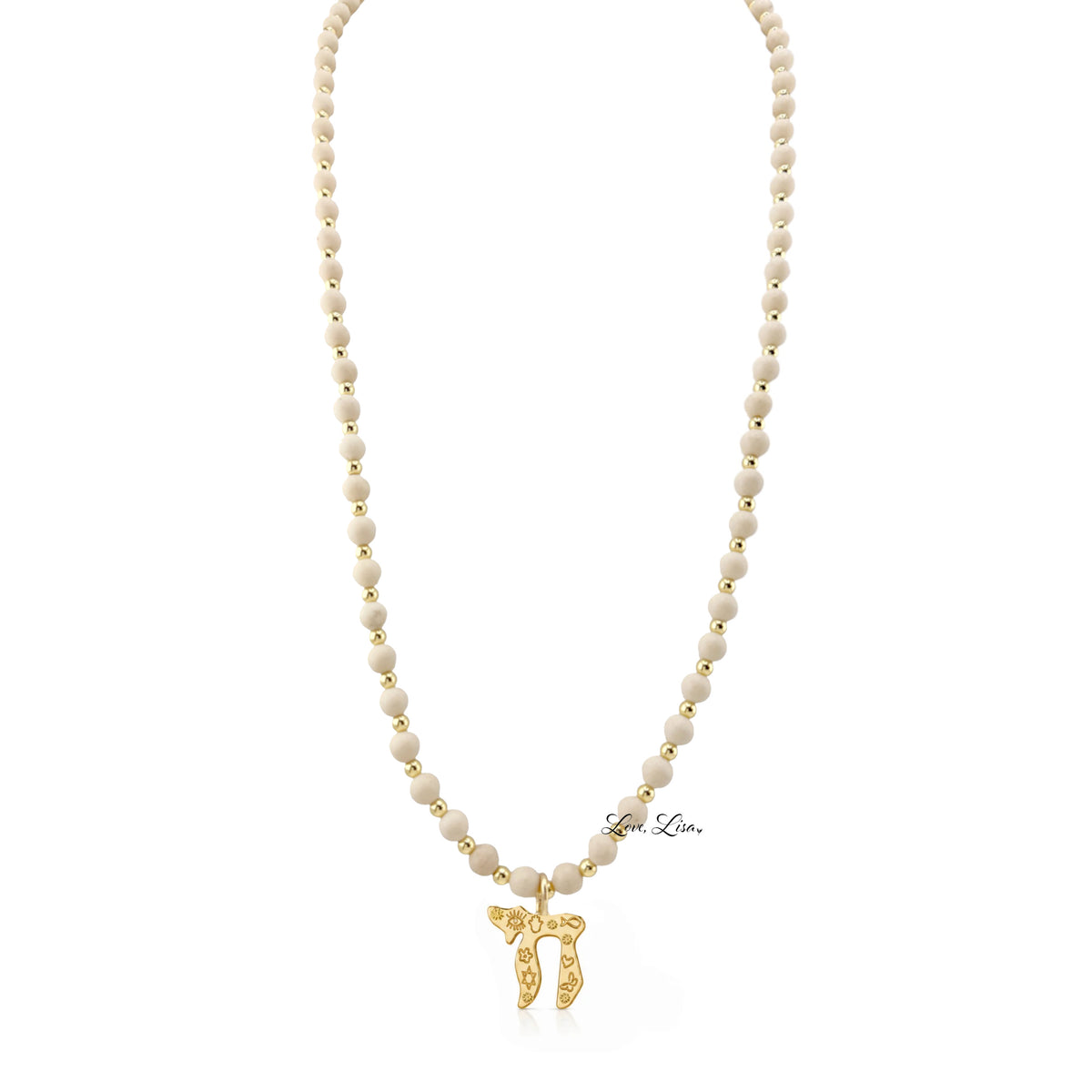 Liora Gemstone Beaded Chai Necklace coiled with creamy ivory fossil jasper beads, coordinating metal accents, and engraved Chai to Life pendant