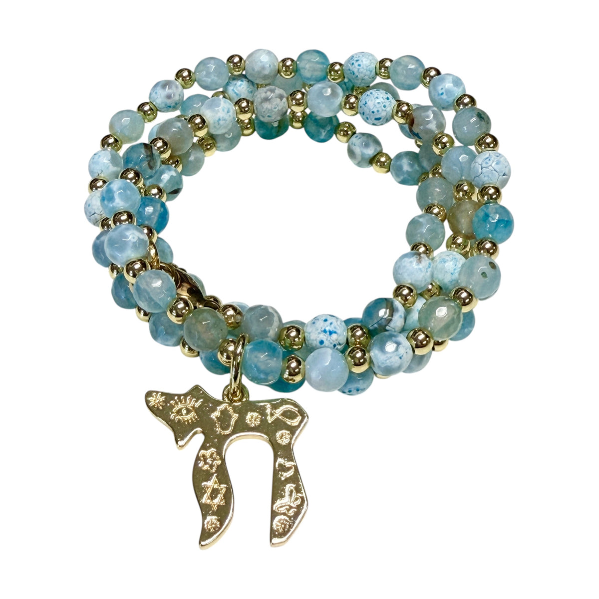 Liora Gemstone Beaded Chai Necklace coiled with pale blue Fire Agate beads, gold-tone accent beads, and engraved Chai to Life pendant