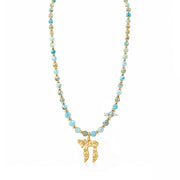 Liora Gemstone Beaded Chai Necklace with light blue Fire Agate beads, gold-tone accents, and a gold Chai to Life pendant shown full length