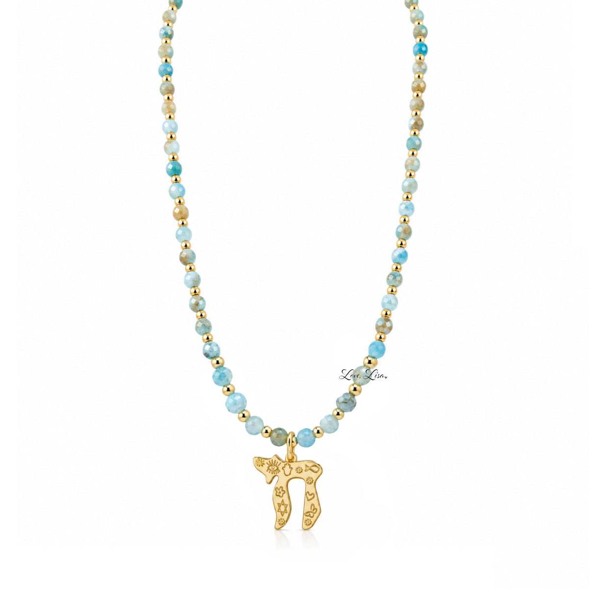 Liora Gemstone Beaded Chai Necklace with light blue Fire Agate beads, gold-tone accents, and a gold Chai to Life pendant shown full length
