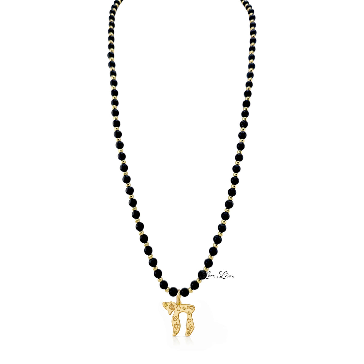 Liora Gemstone Beaded Chai Necklace with matte black onyx beads, gold-tone accent beads, and a gold Chai to Life pendant shown full length
