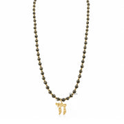 Liora Gemstone Beaded Chai Necklace with metallic pyrite beads, gold-tone accents, and a gold Chai to Life pendant shown full length