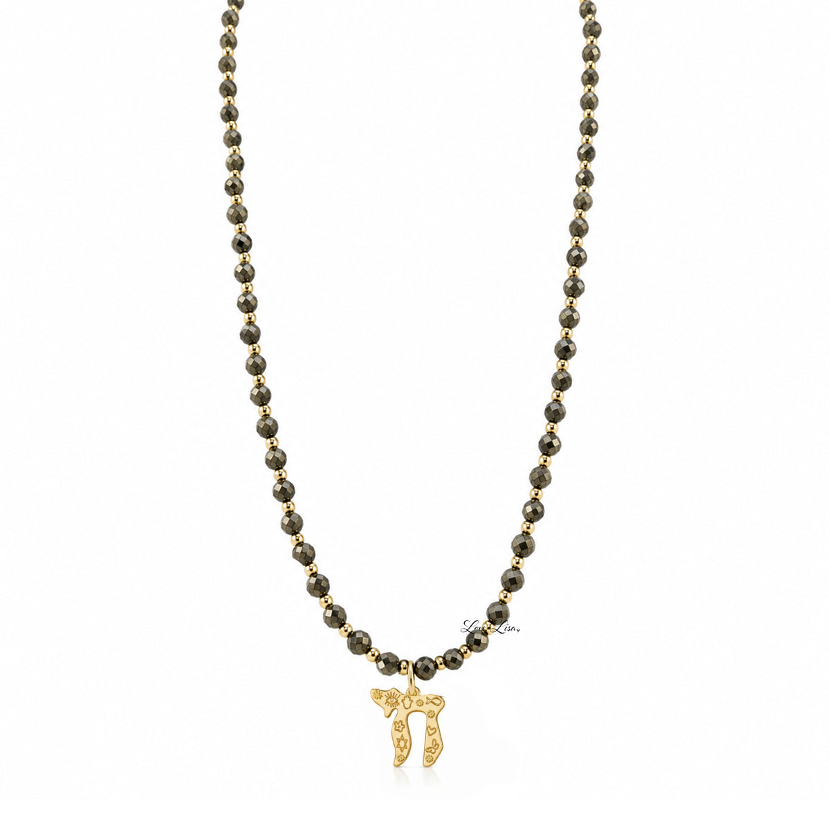 Liora Gemstone Beaded Chai Necklace with metallic pyrite beads, gold-tone accents, and a gold Chai to Life pendant shown full length