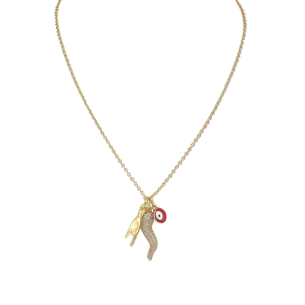 full chain view of gold Italian horn necklace with CZ horn evil eye and hand charms displayed on white background