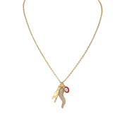full chain view of gold Italian horn necklace with CZ horn evil eye and hand charms displayed on white background