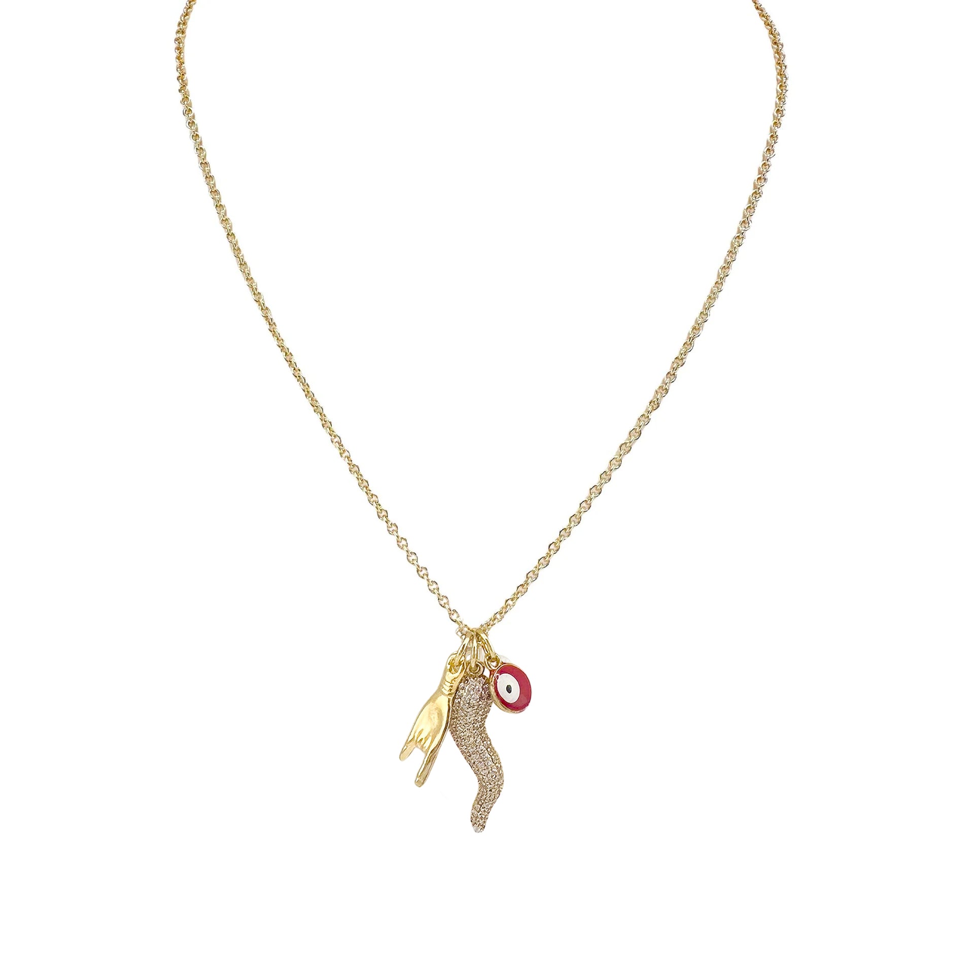full chain view of gold Italian horn necklace with CZ horn evil eye and hand charms displayed on white background