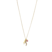long gold Italian horn necklace with CZ horn evil eye and hand charms displayed on white background