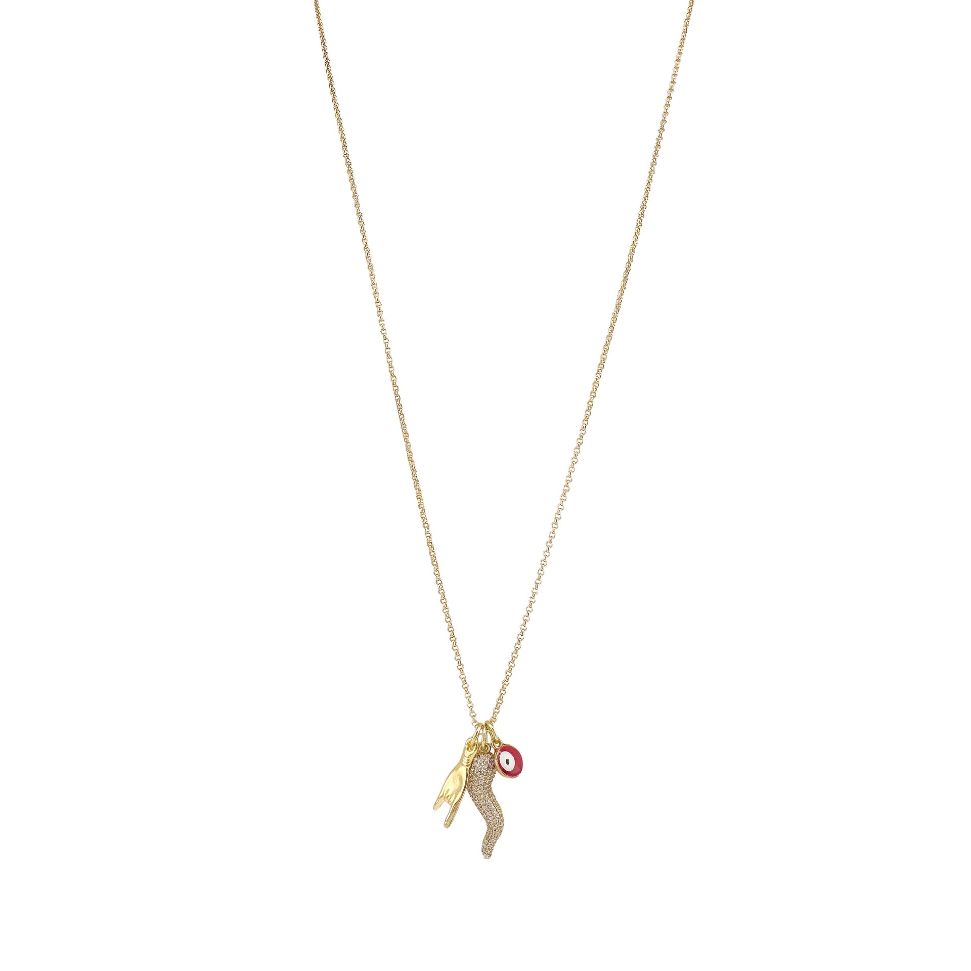 long gold Italian horn necklace with CZ horn evil eye and hand charms displayed on white background