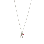 long silver Italian horn necklace on white background featuring CZ horn evil eye and hand charms
