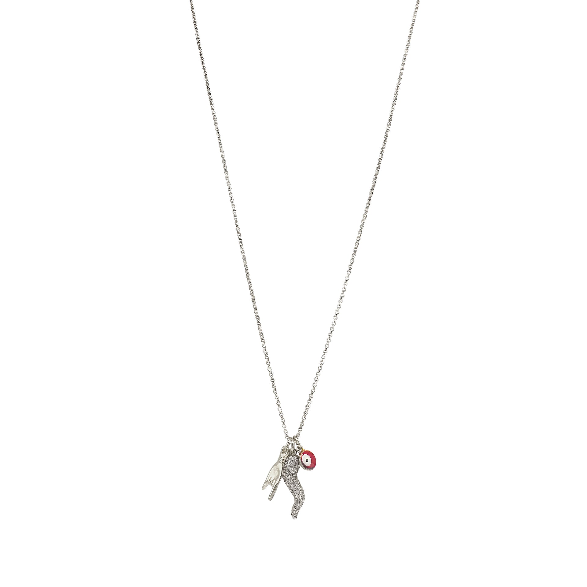 long silver Italian horn necklace on white background featuring CZ horn evil eye and hand charms