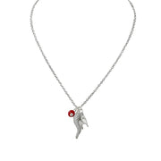 silver Italian horn necklace with CZ horn charm evil eye charm and hand charm displayed on white background