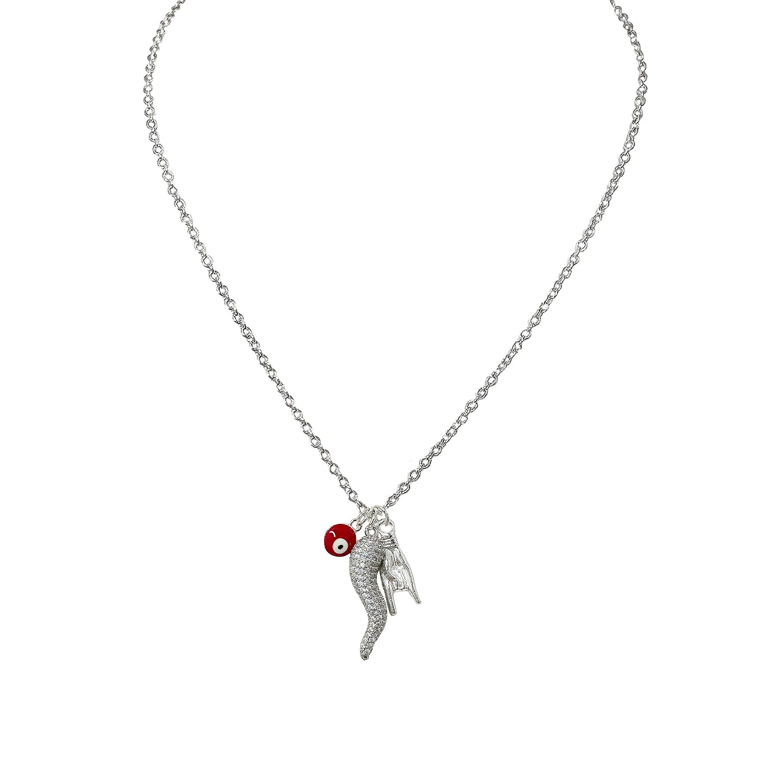 silver Italian horn necklace with CZ horn charm evil eye charm and hand charm displayed on white background