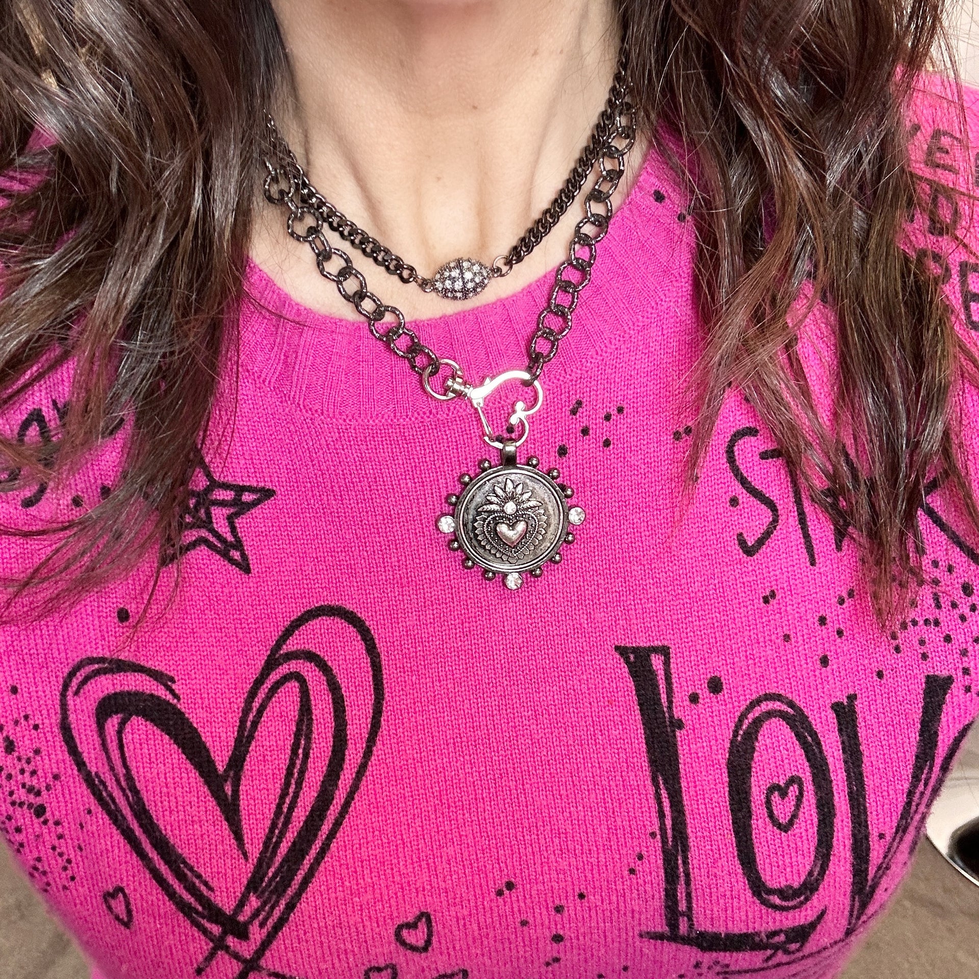 Love Lisa gunmetal magnetic pave choker necklace shown on model modern dark chain jewelry styling