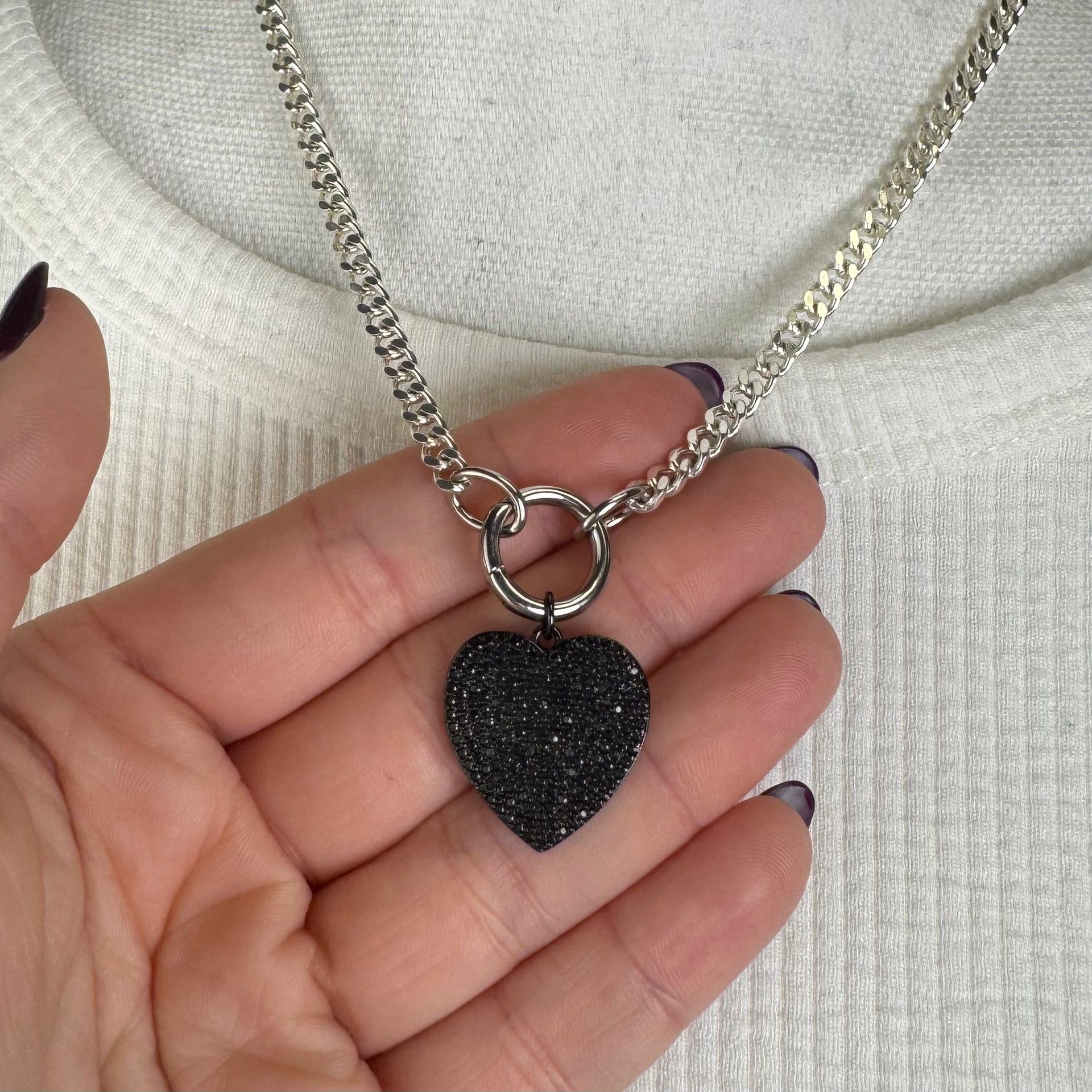 Gunmetal little heart charm with high-shine dark finish