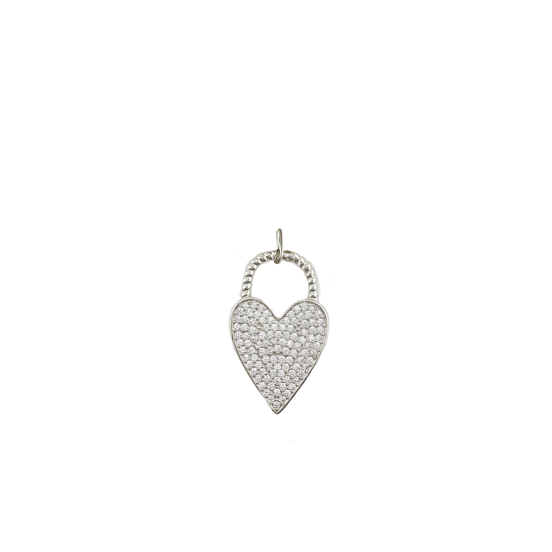 Silver pavé heart lock charm with twisted handle on large clasp

