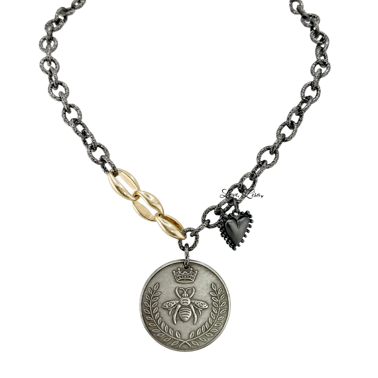 Lolita Queen Bee Coin Necklace gunmetal antique finish bold coin pendant necklace