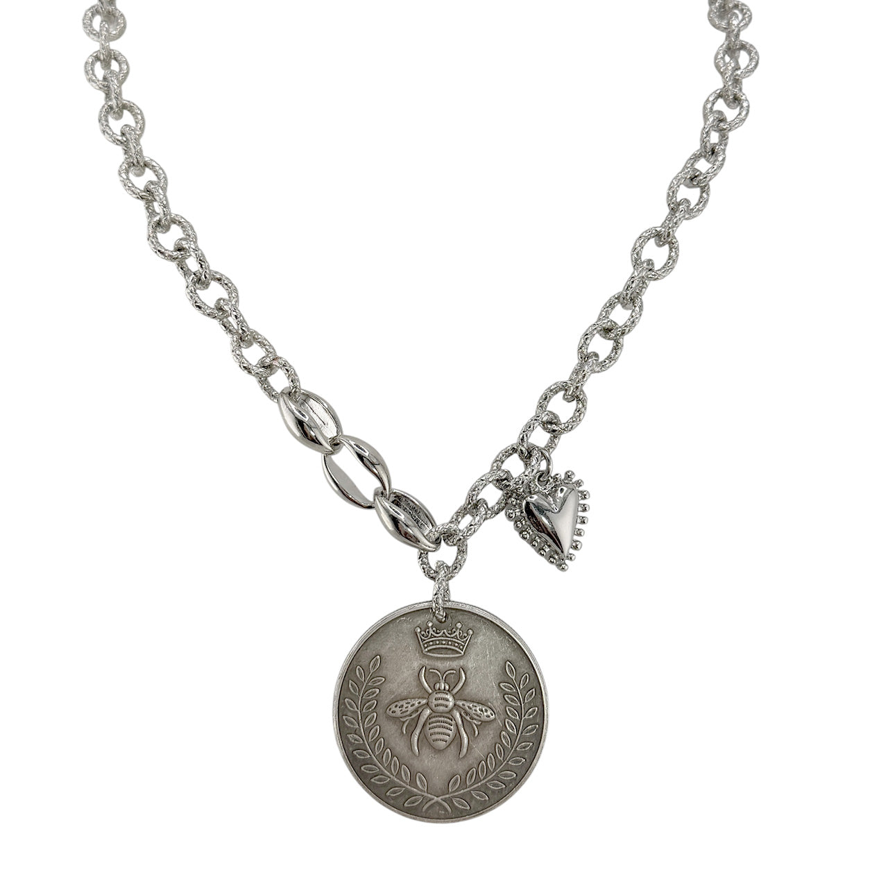 Lolita Queen Bee Coin Necklace silver antique patina reversible coin pendant on statement chain