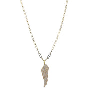 gold long paperclip charm necklace with angel wing pendant and lobster clasp closure