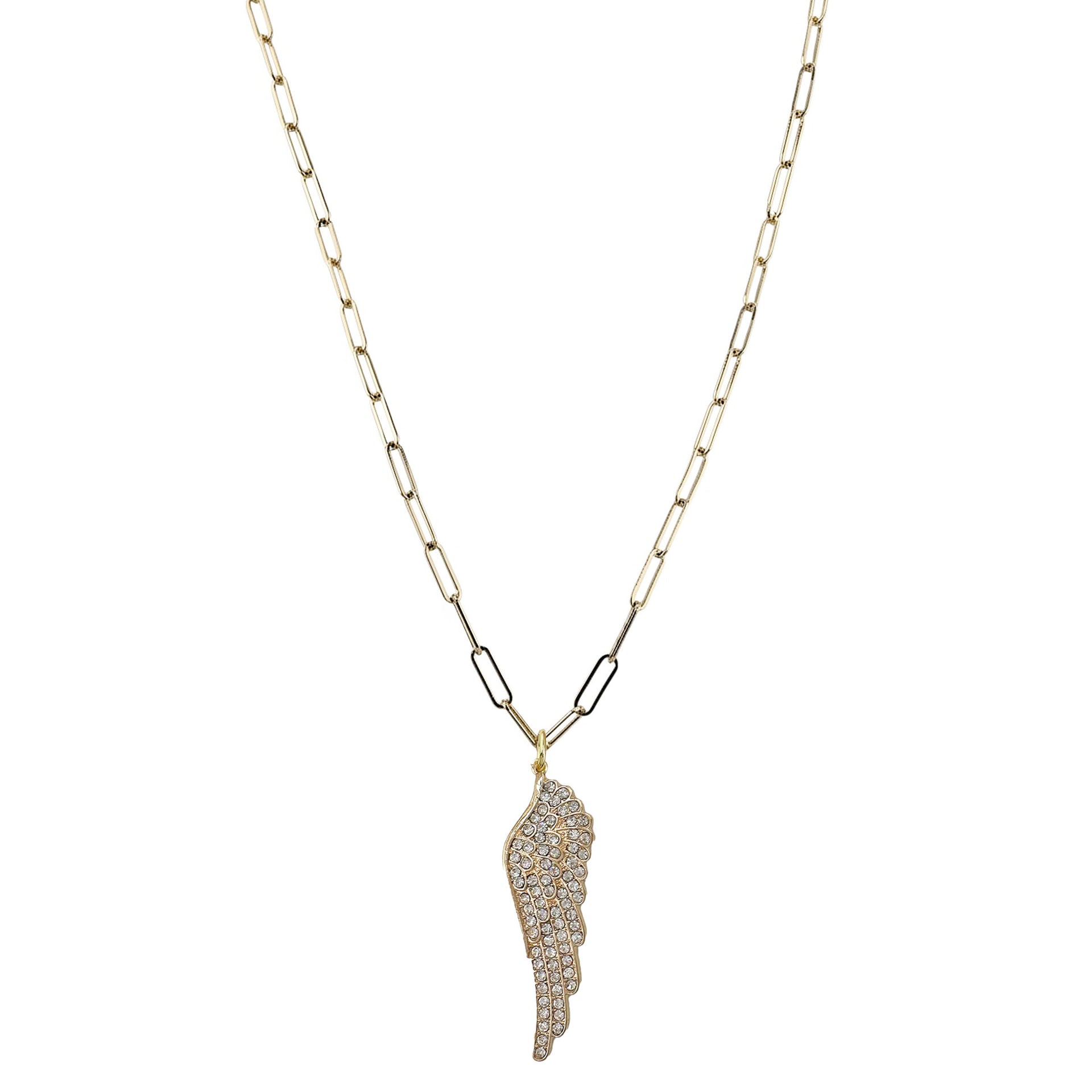 gold long paperclip charm necklace with angel wing pendant and lobster clasp closure